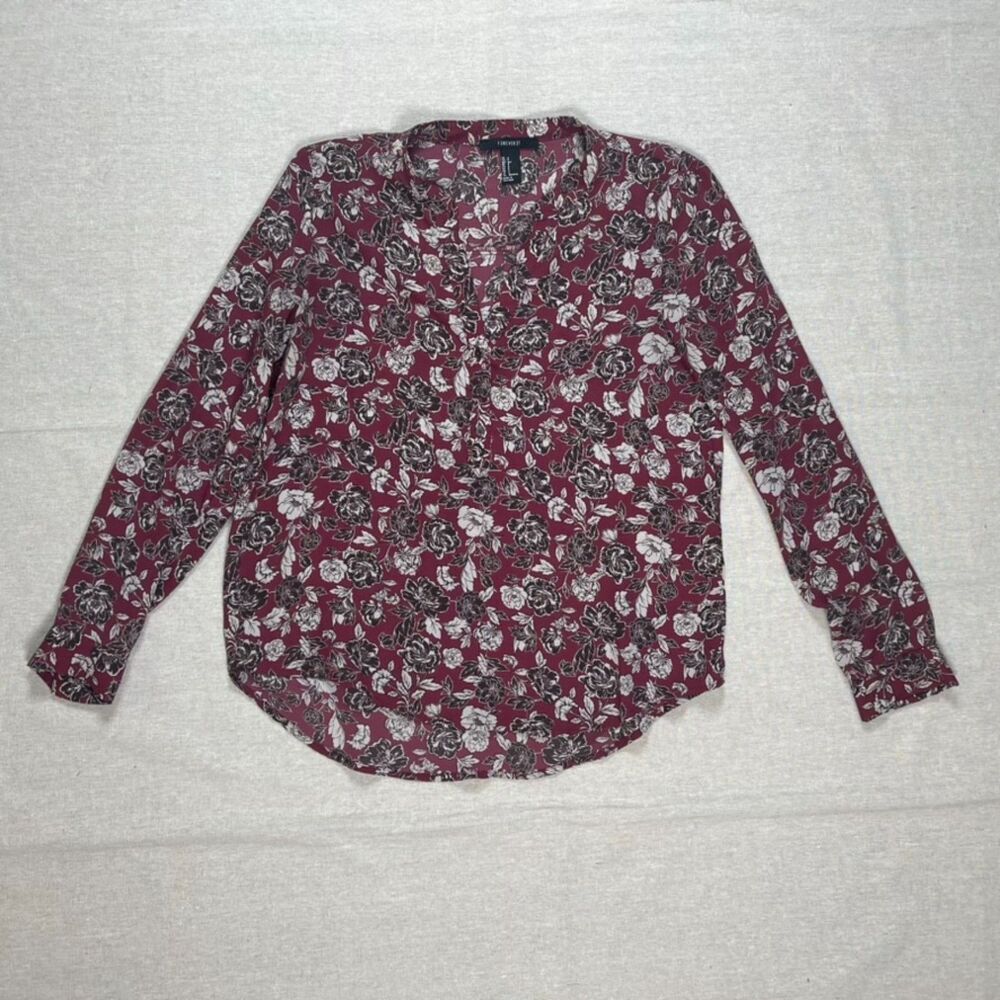 Forever 21 | Red Floral Collarless Long Sleeve Blouse | Small